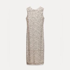 ZARA BEADED SEQUIN MIDI DRESS FESTIVAL COCKTAIL ZW COLLECTION Cream Pewter XS